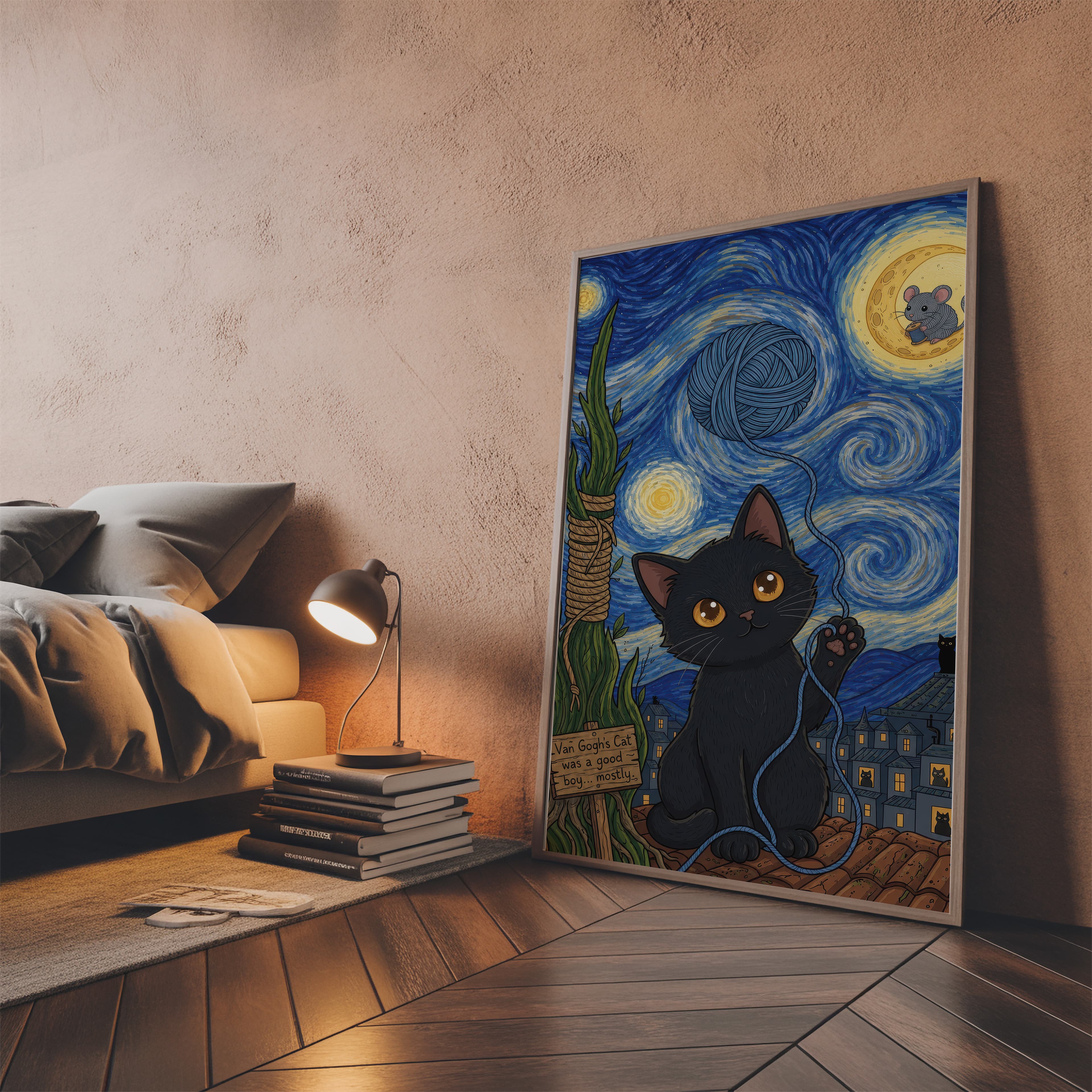 Black Cat Starry Night Print