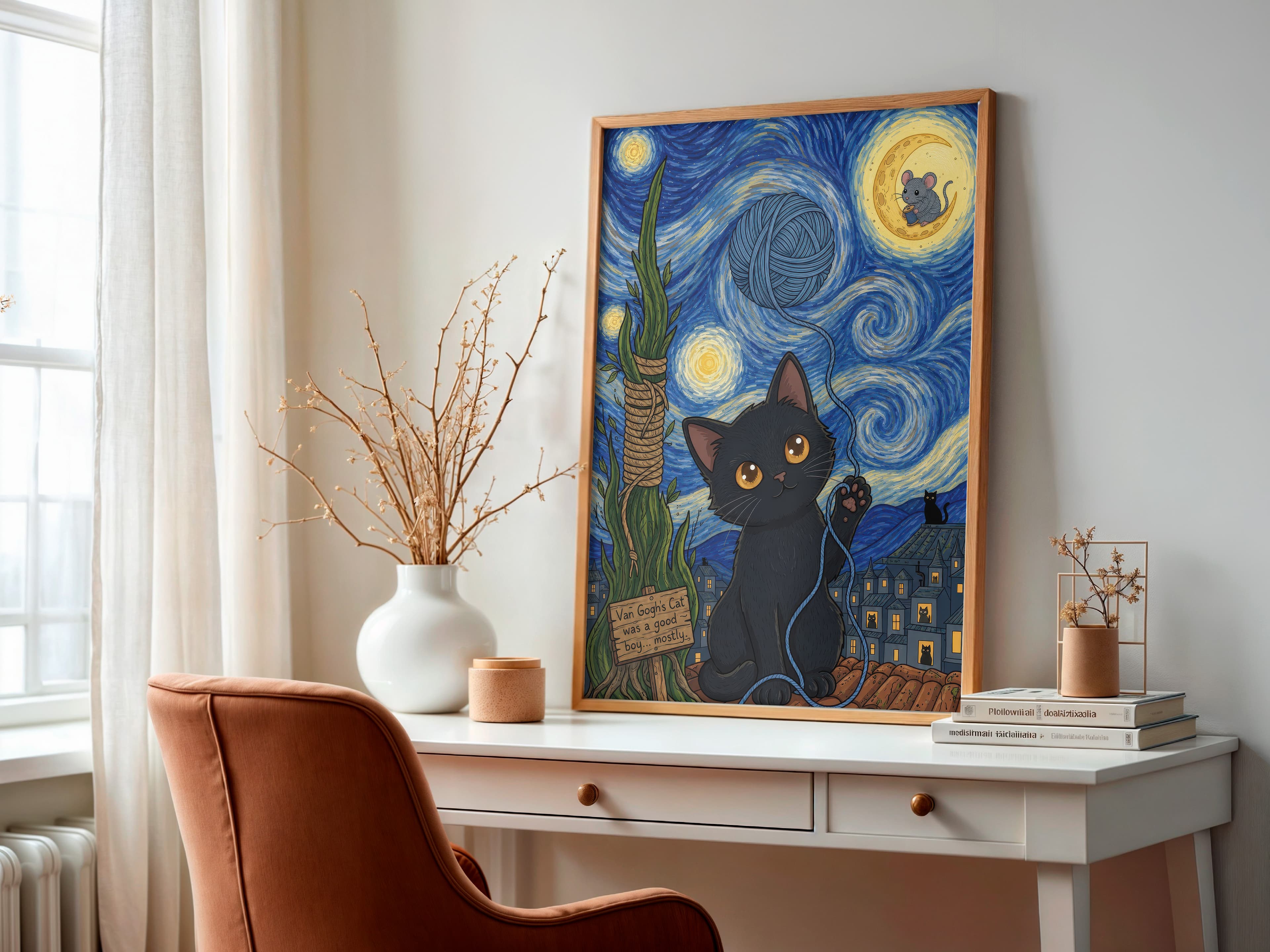 Black Cat Starry Night Print