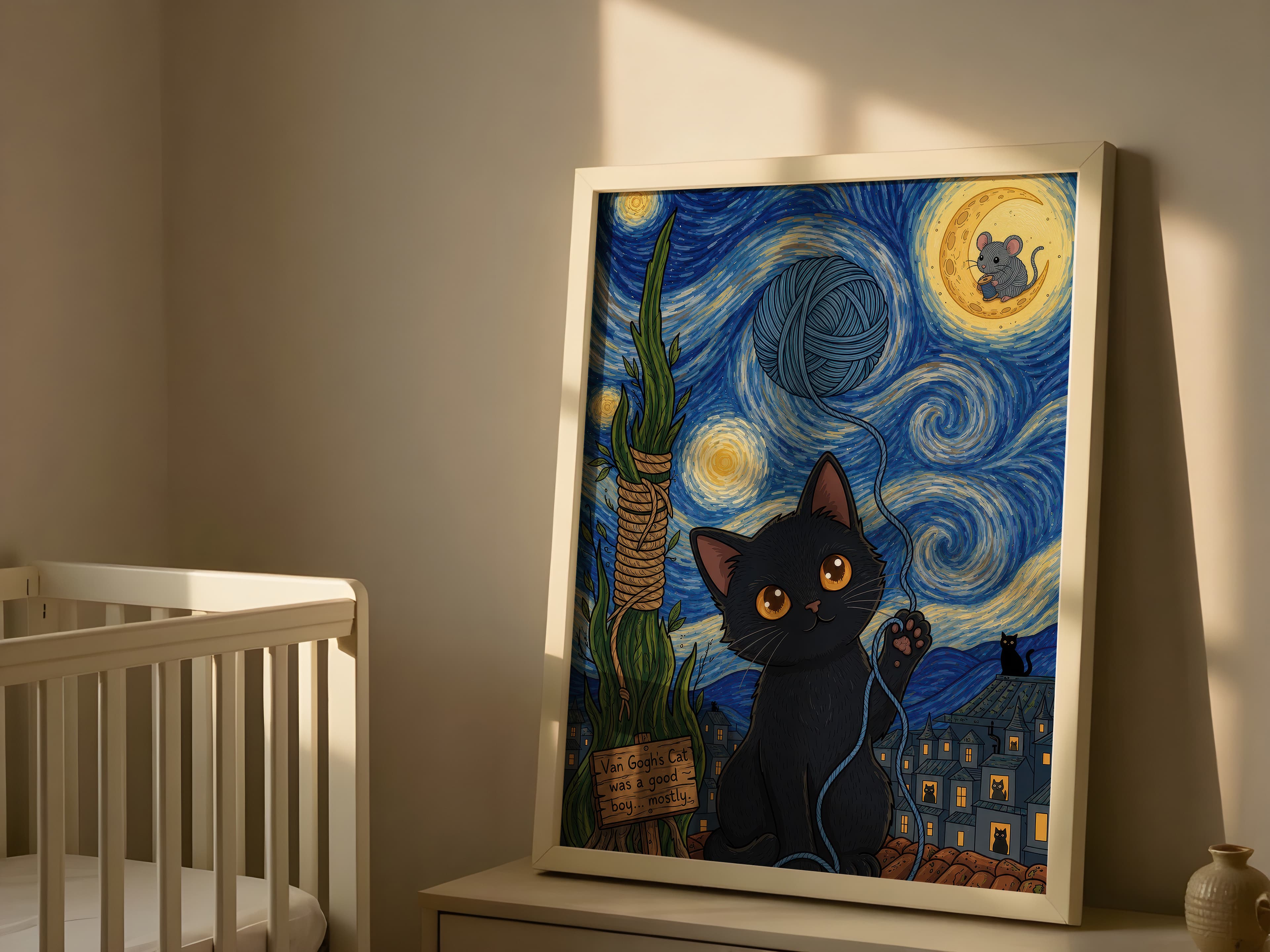 Black Cat Starry Night Print