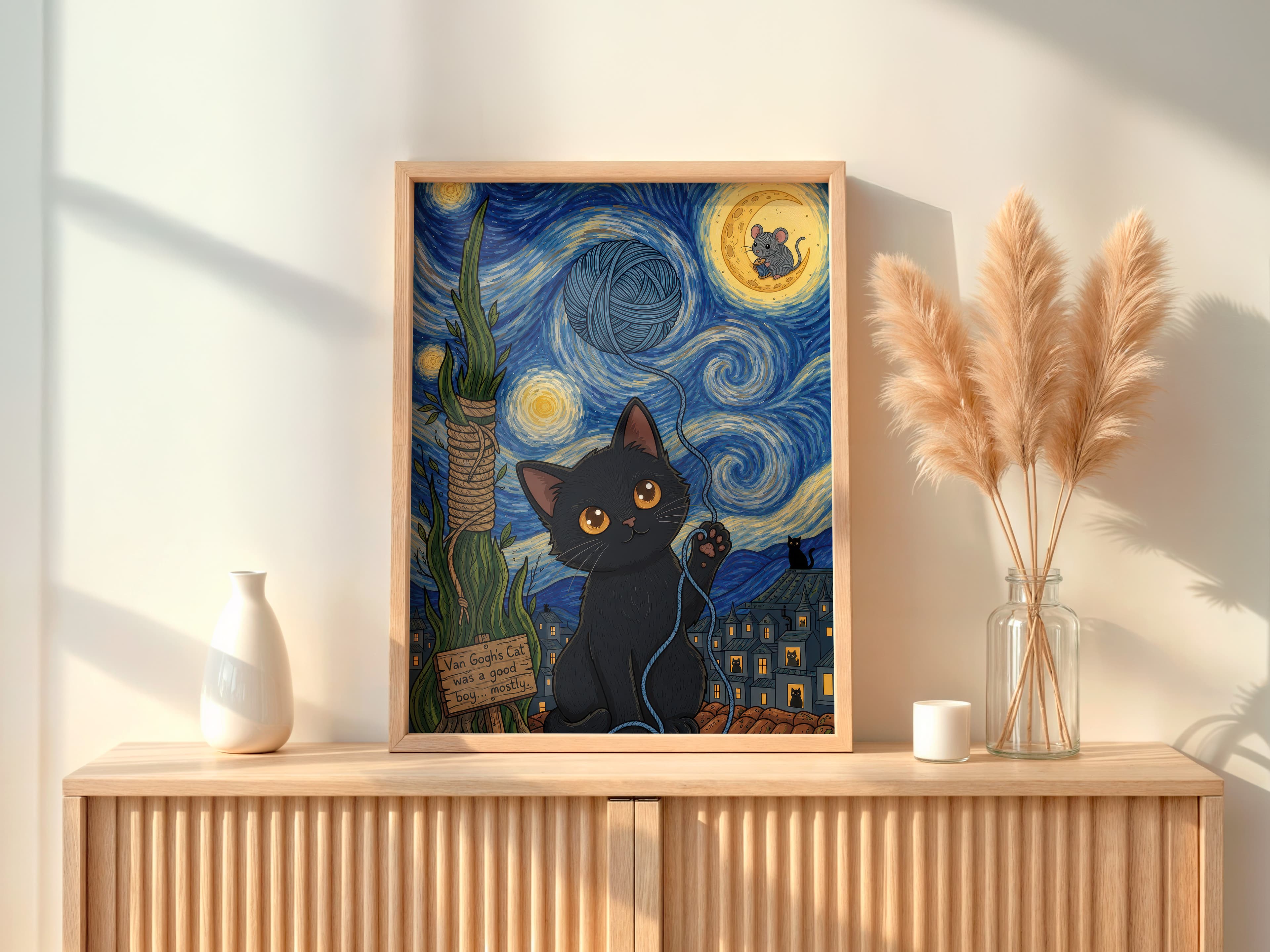 Black Cat Starry Night Print