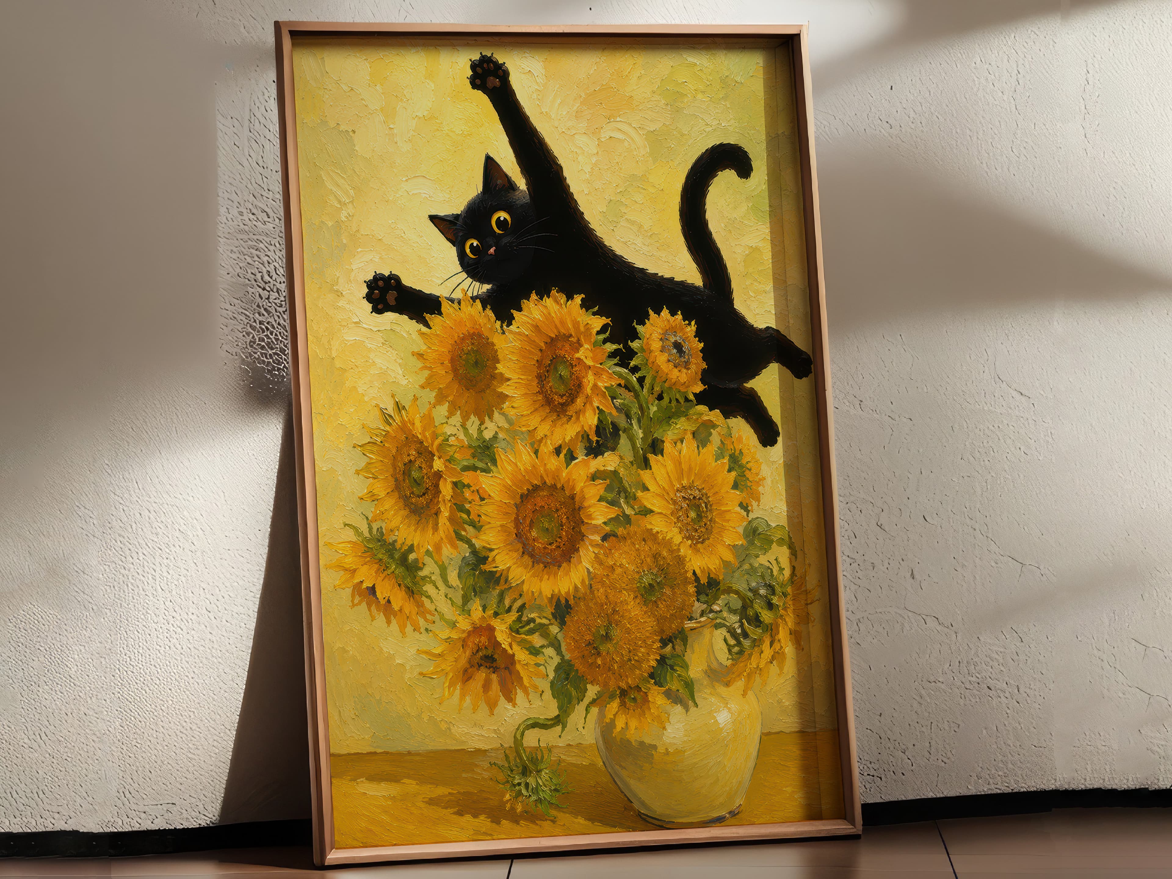 Black Cat Sunflowers Print