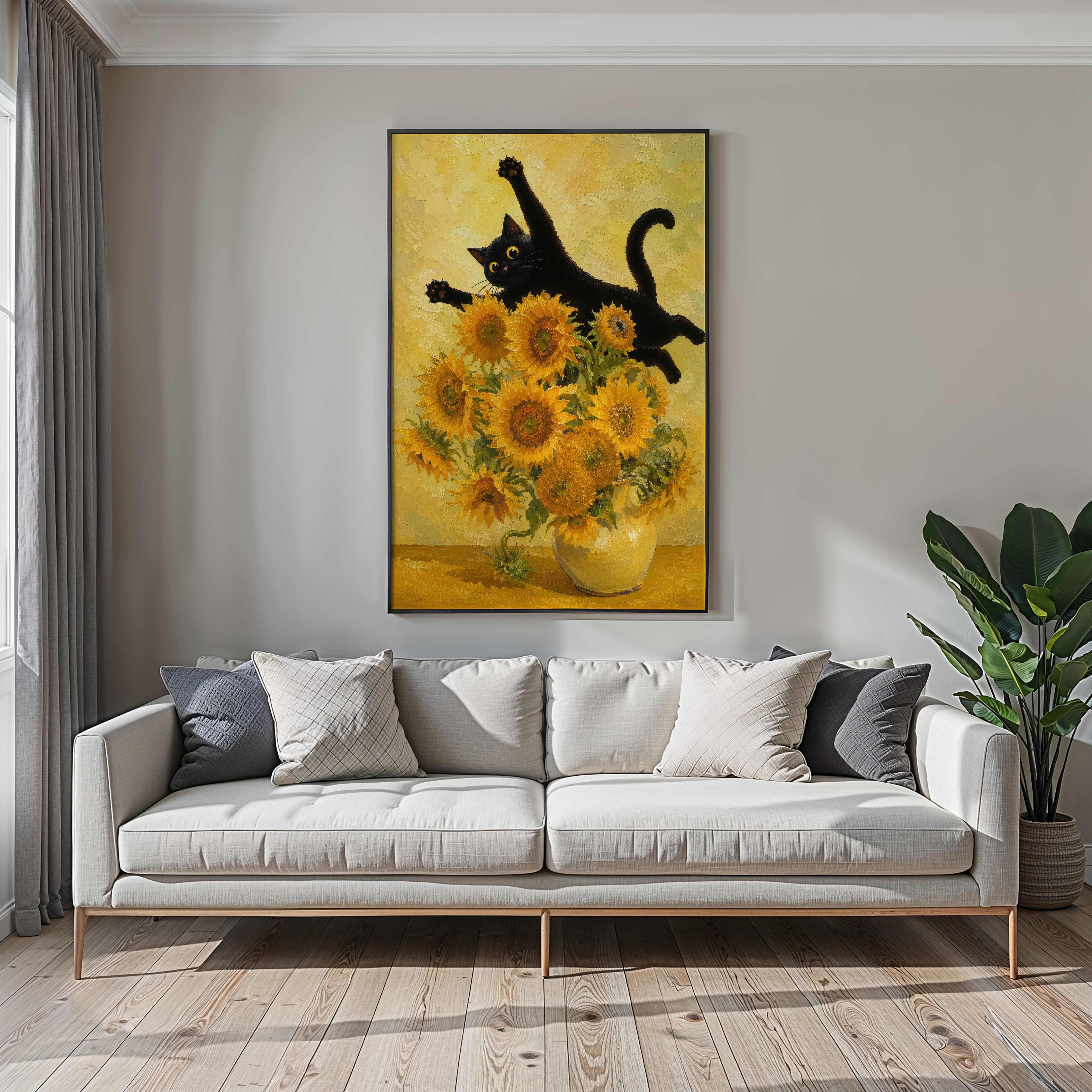 Black Cat Sunflowers Print