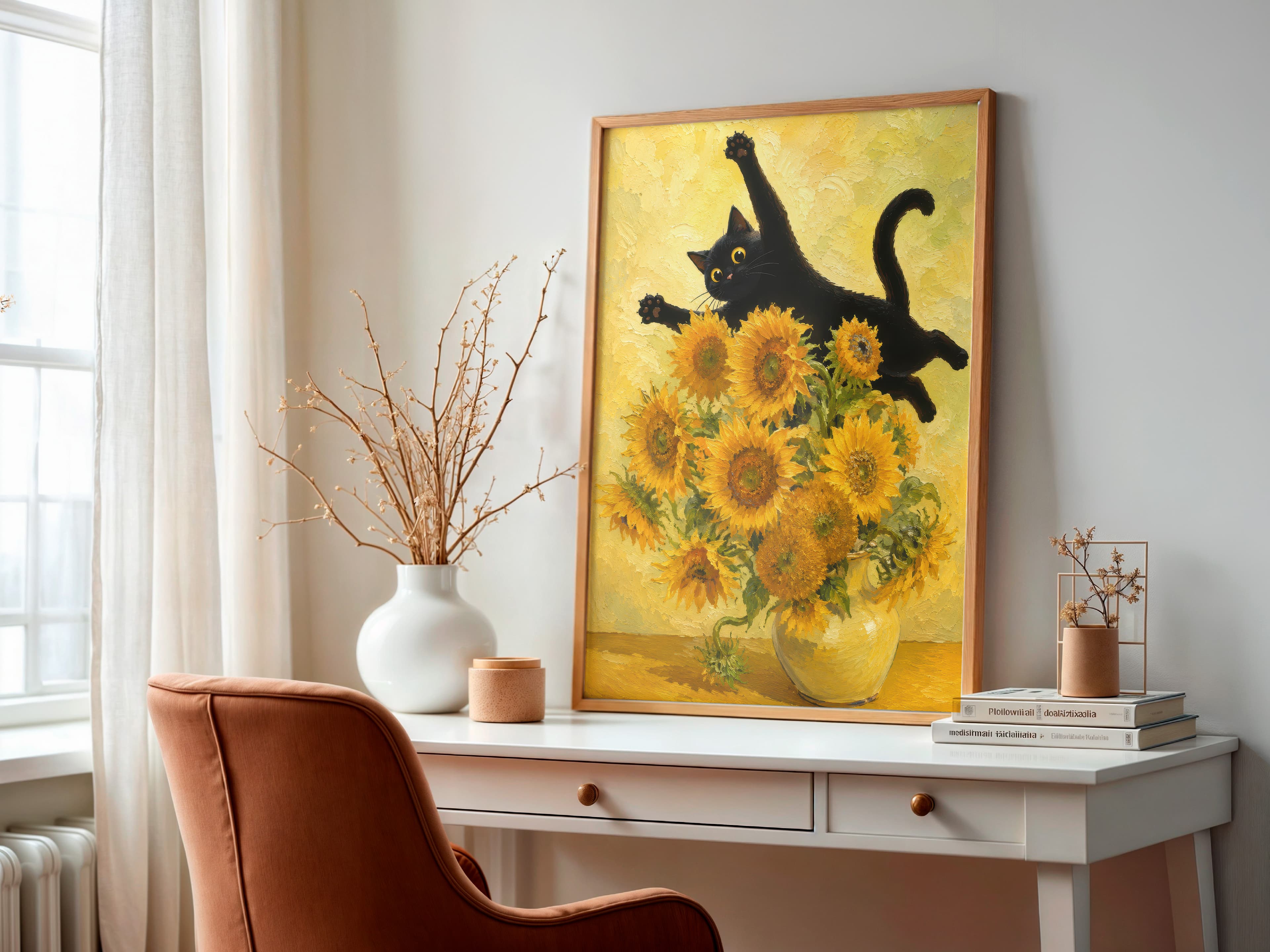 Black Cat Sunflowers Print