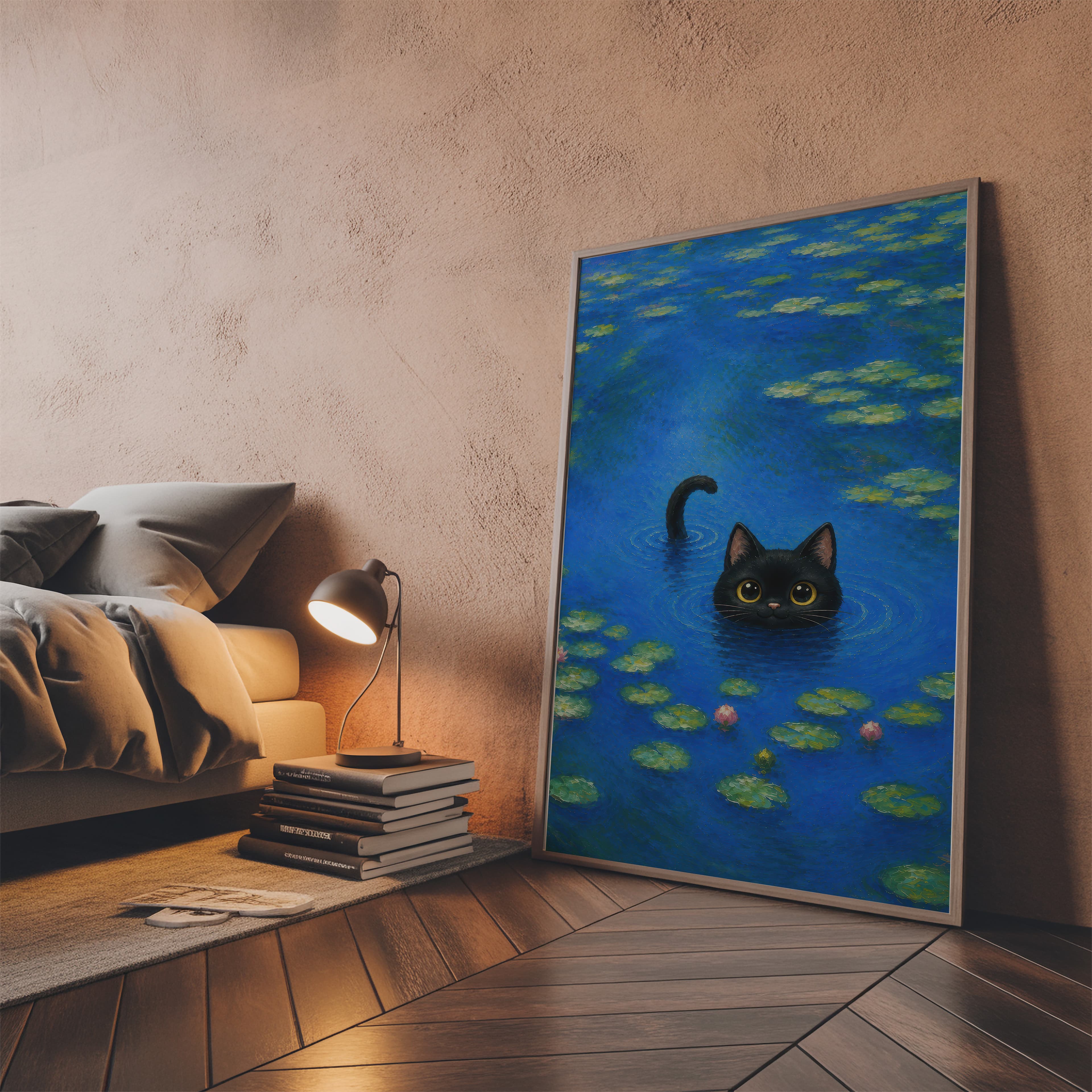 Black Cat Water Lily Pond Art