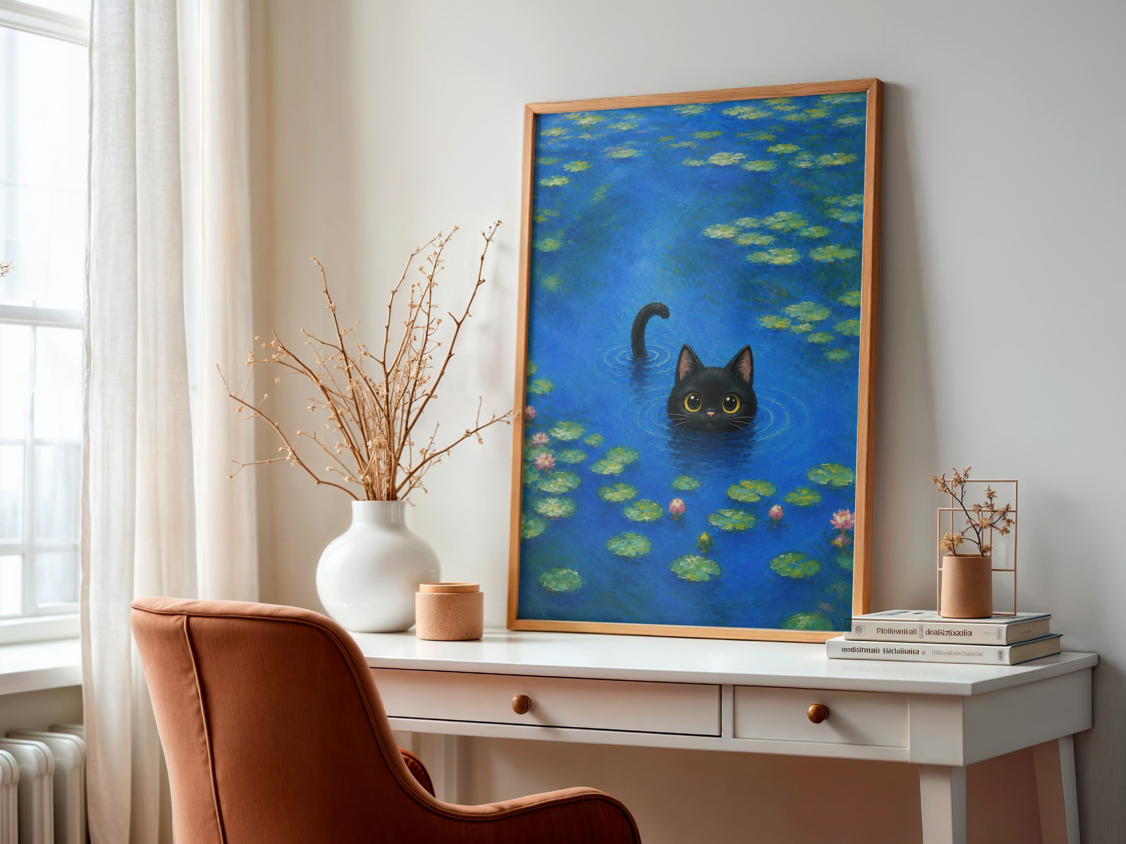 Black Cat Water Lily Pond Art