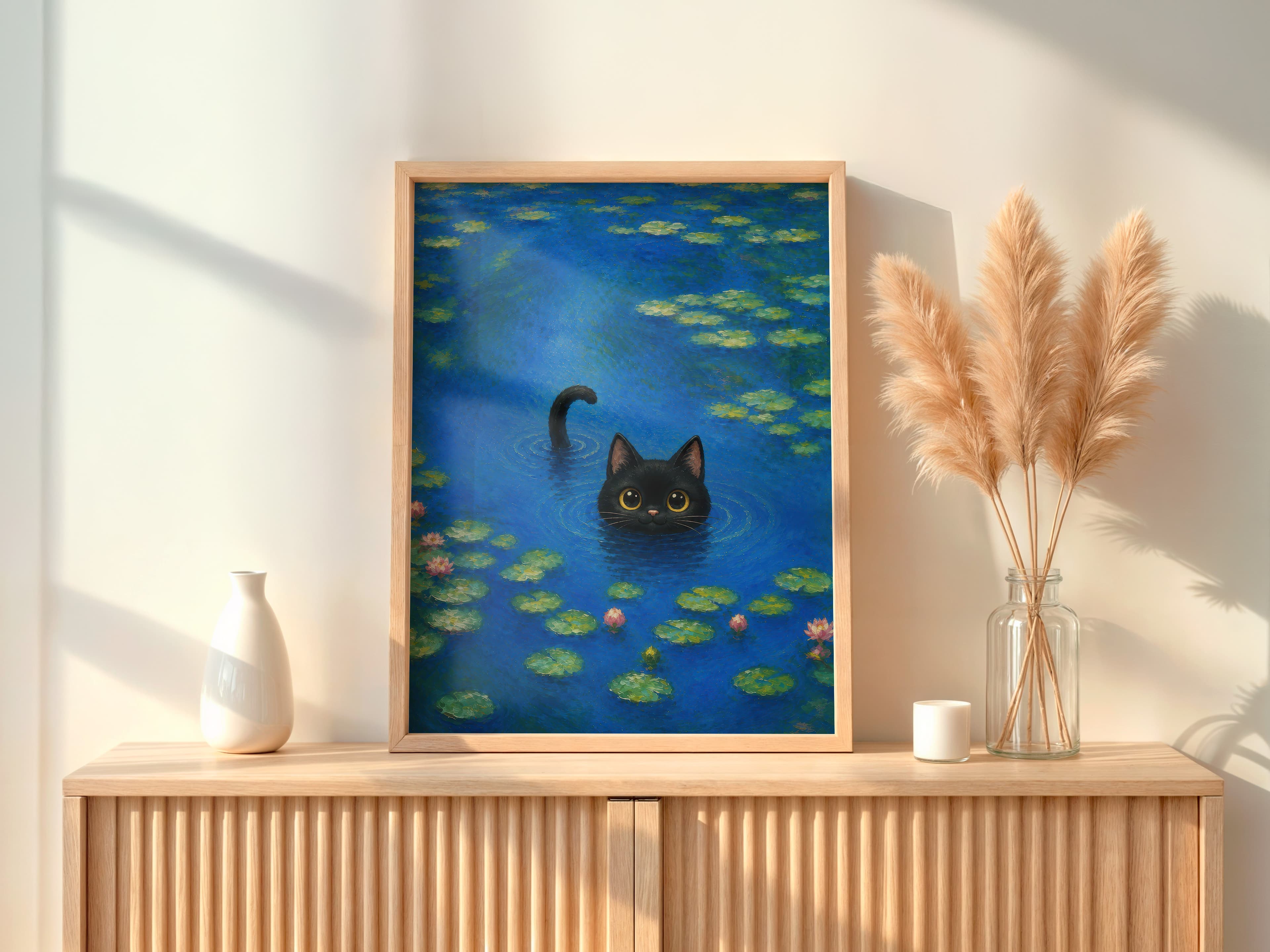 Black Cat Water Lily Pond Art