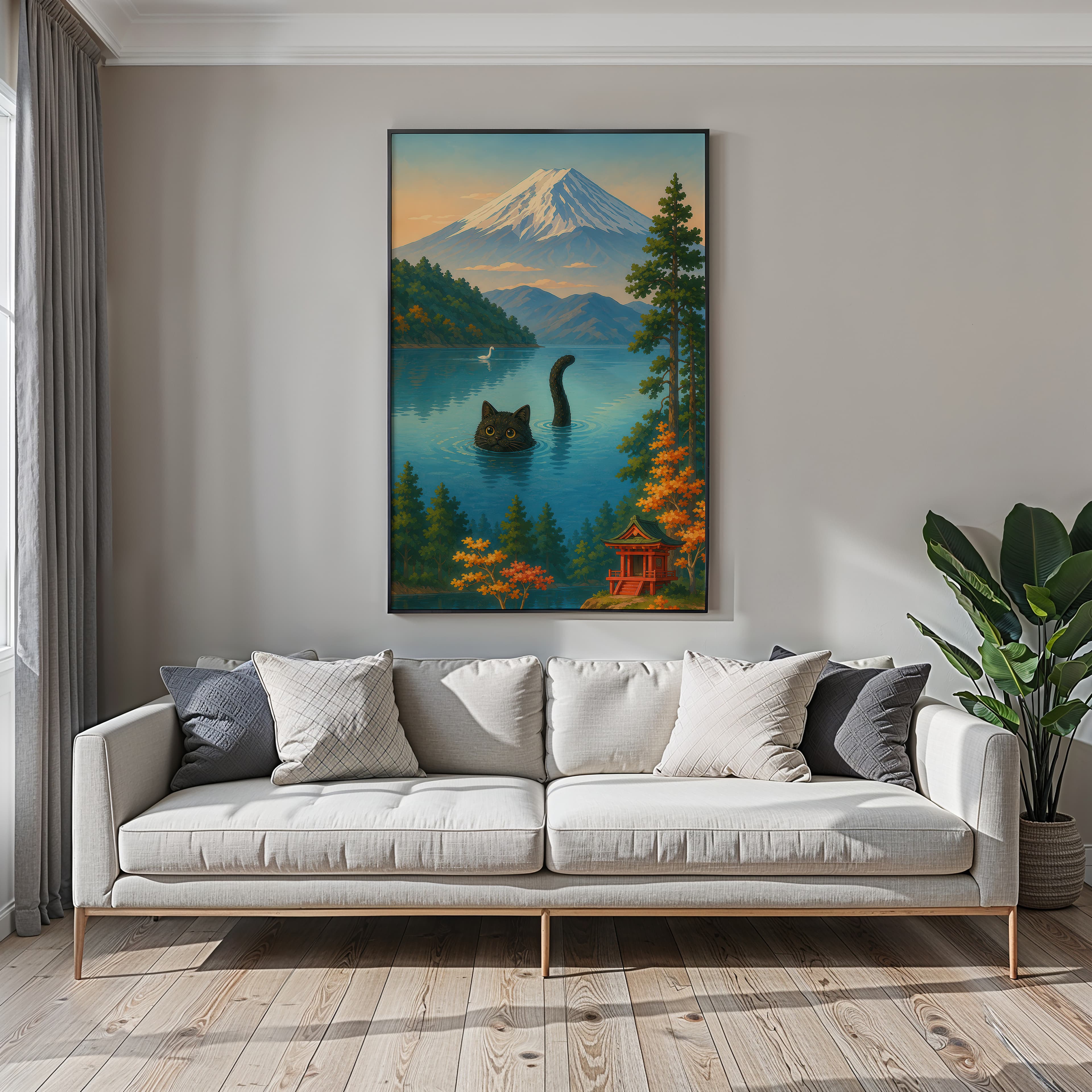 Cat Swimming Mount Fuji Print
