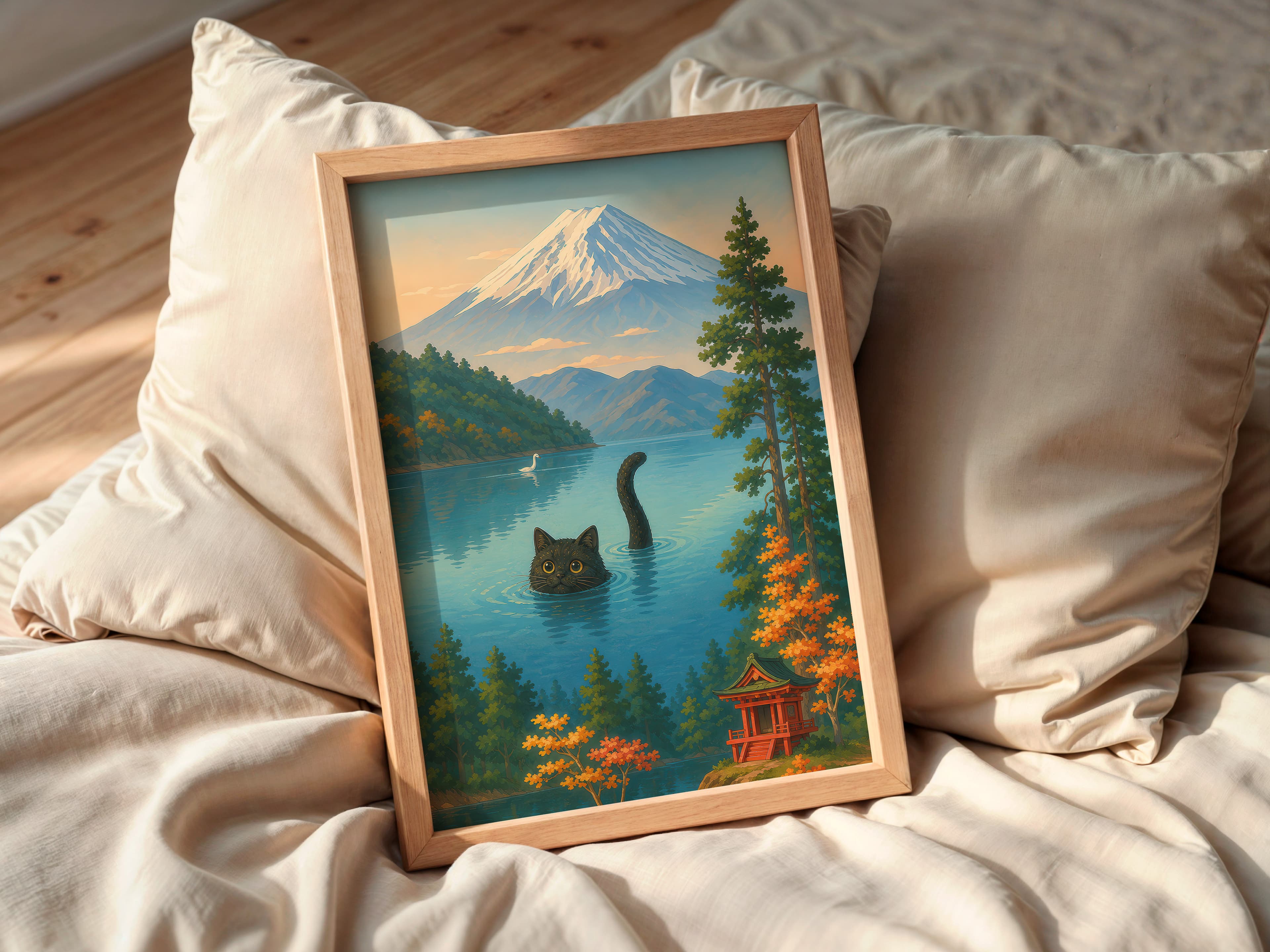 Cat Swimming Mount Fuji Print