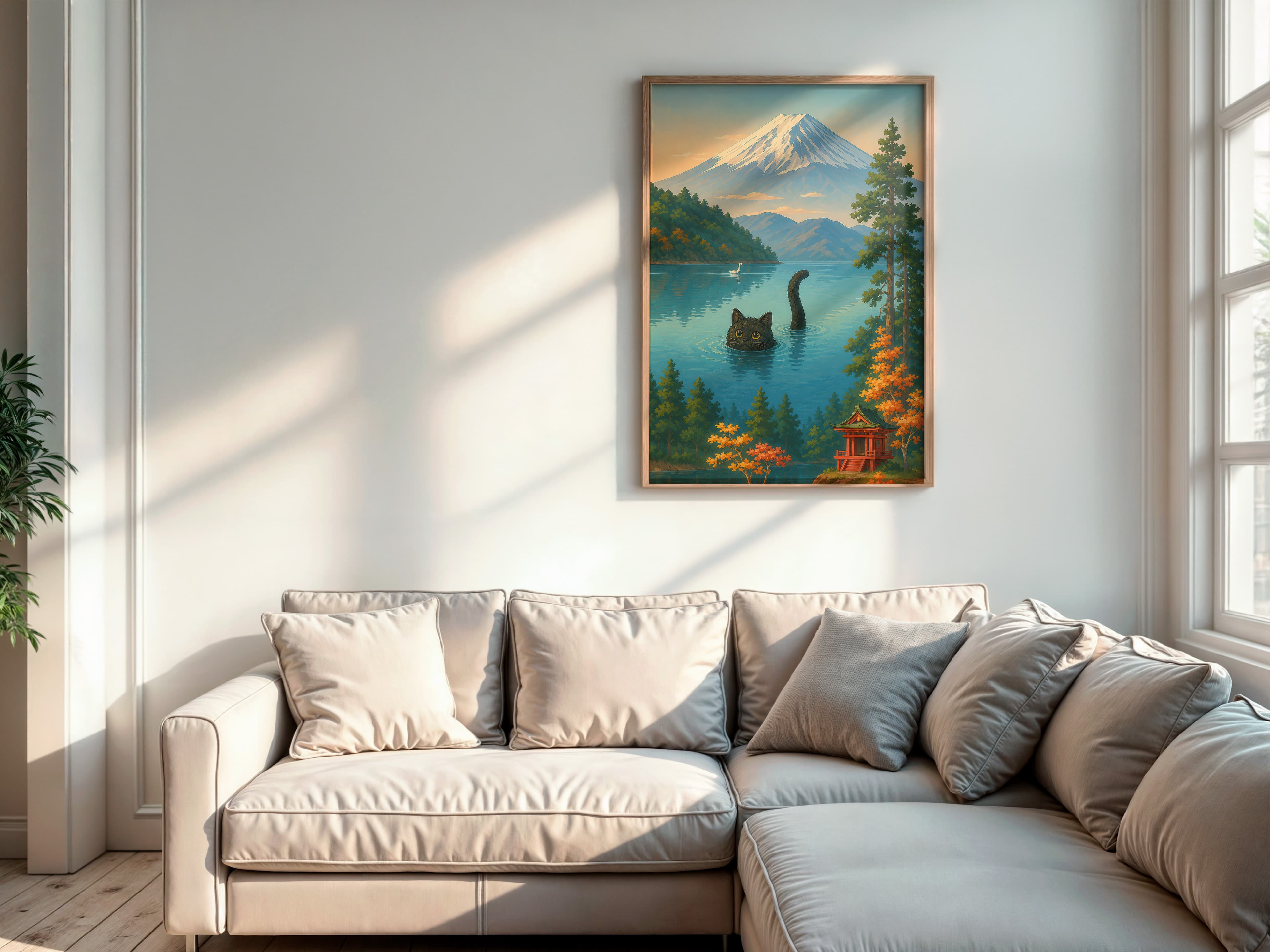 Cat Swimming Mount Fuji Print