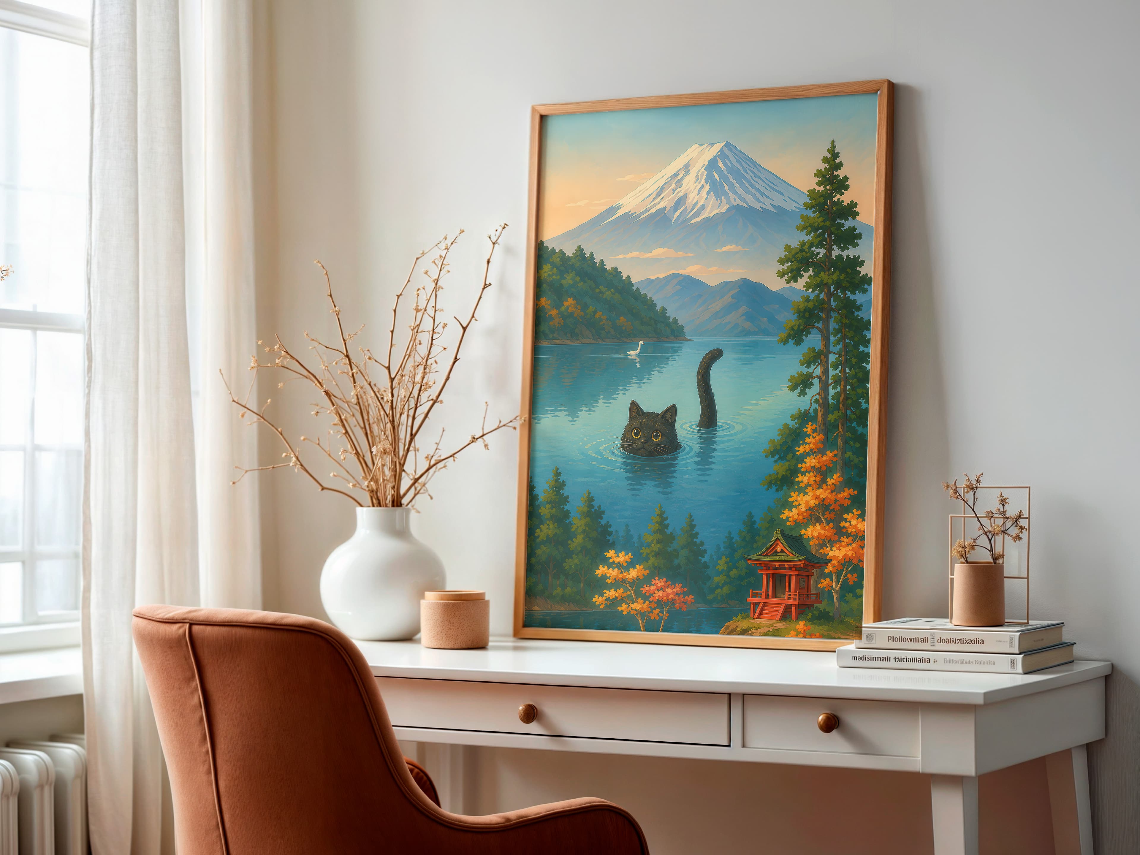 Cat Swimming Mount Fuji Print