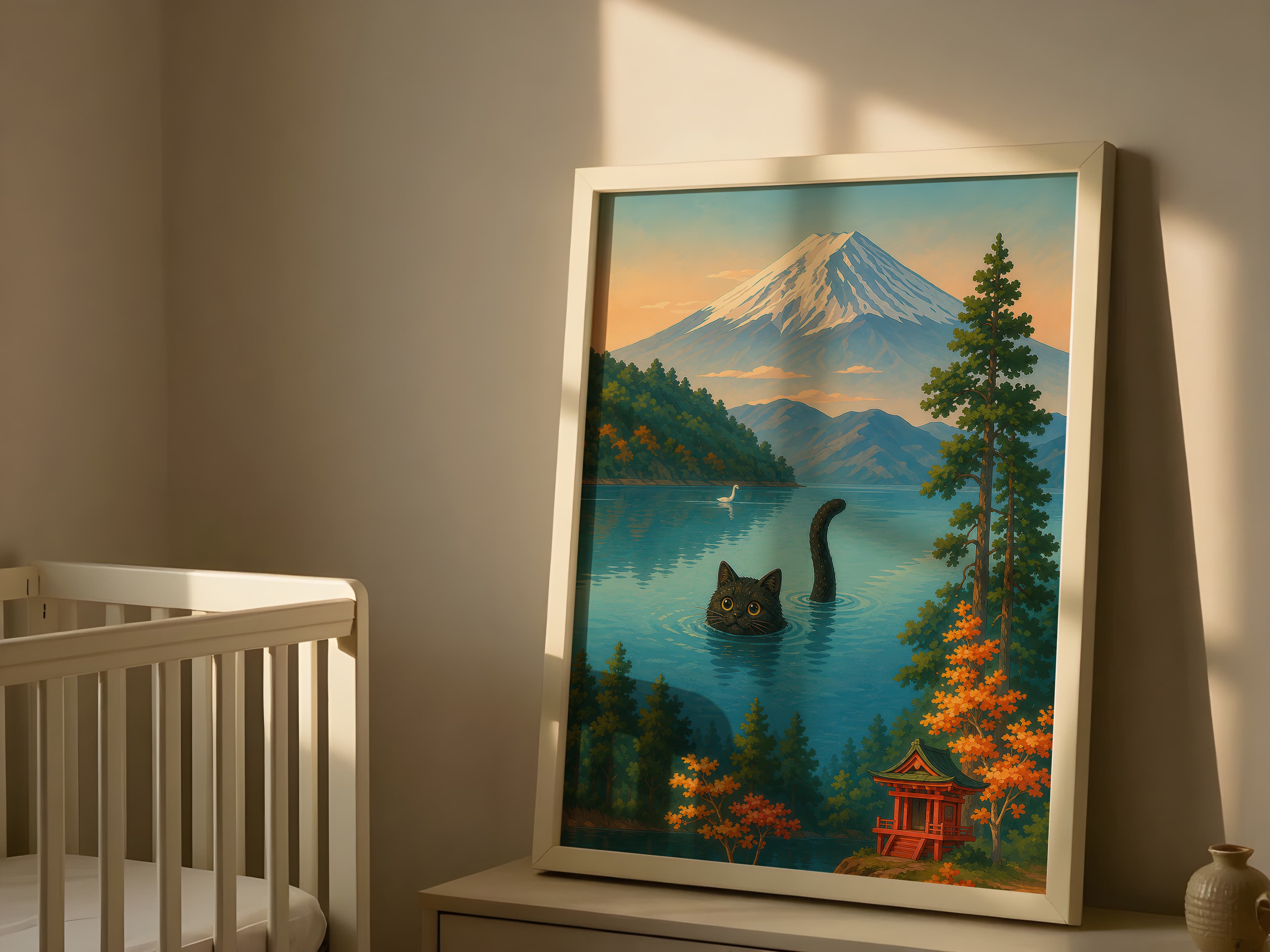 Cat Swimming Mount Fuji Print