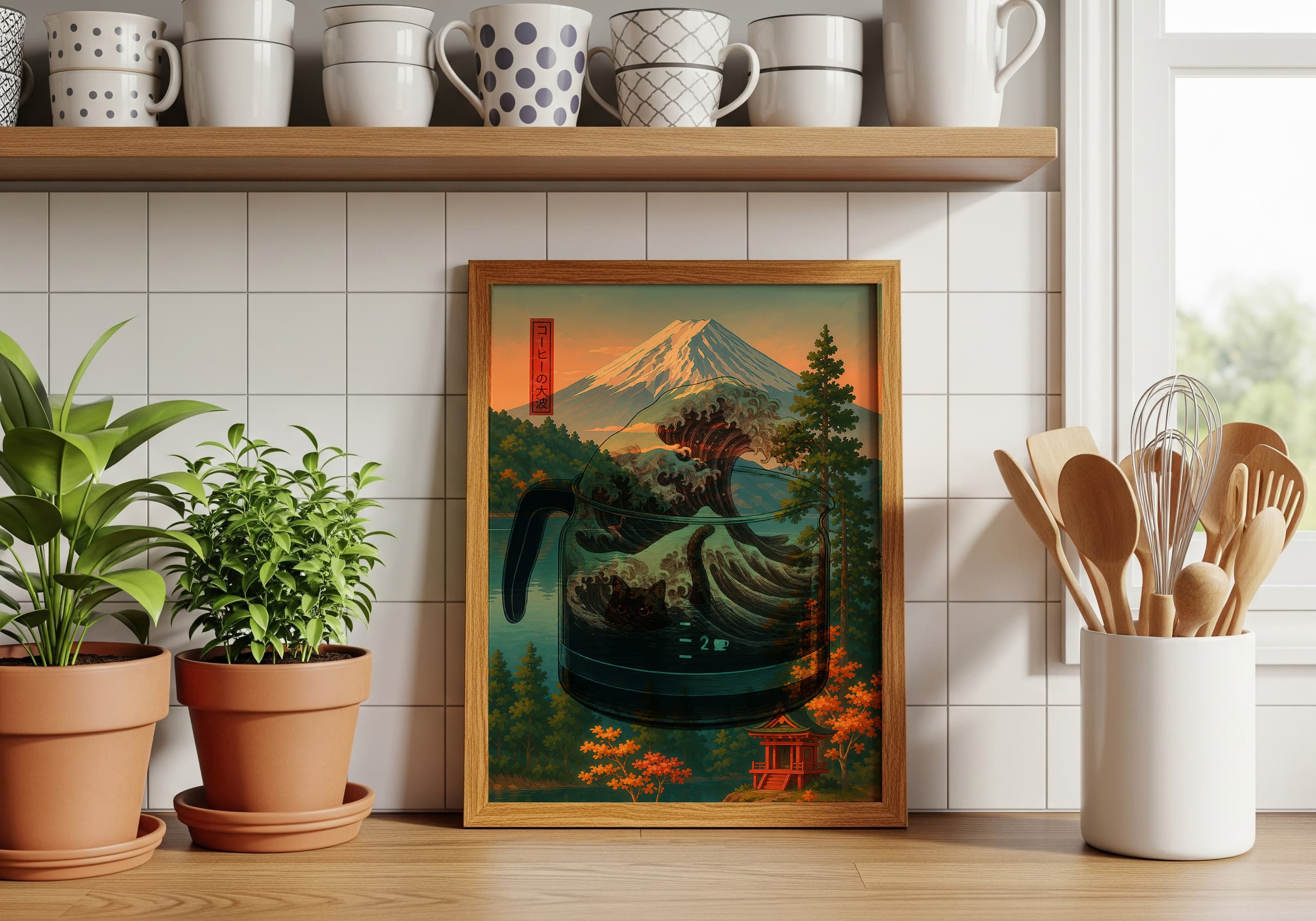 Cat Swimming Mount Fuji Print