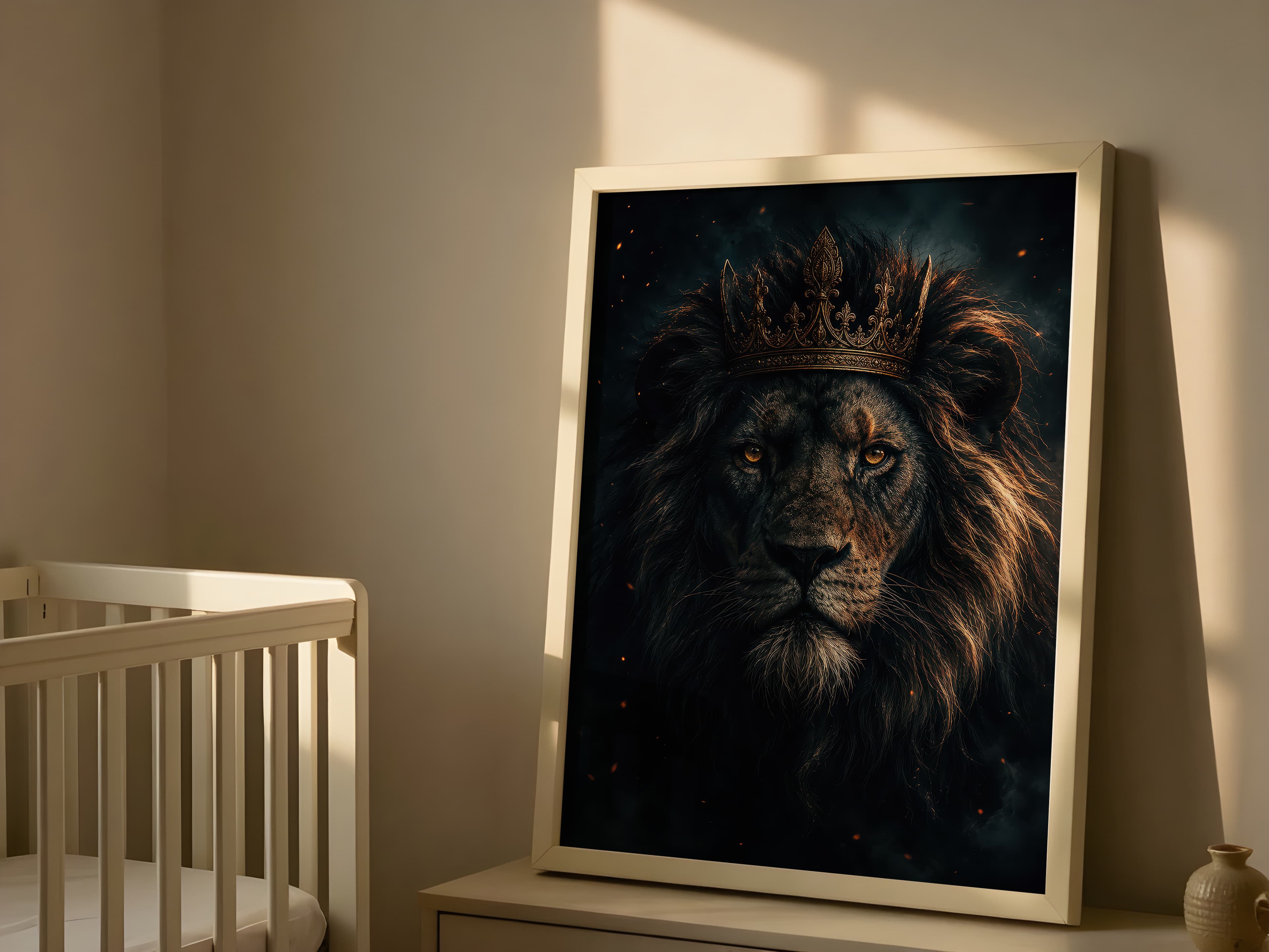 Regal Black Lion Golden Crown Print