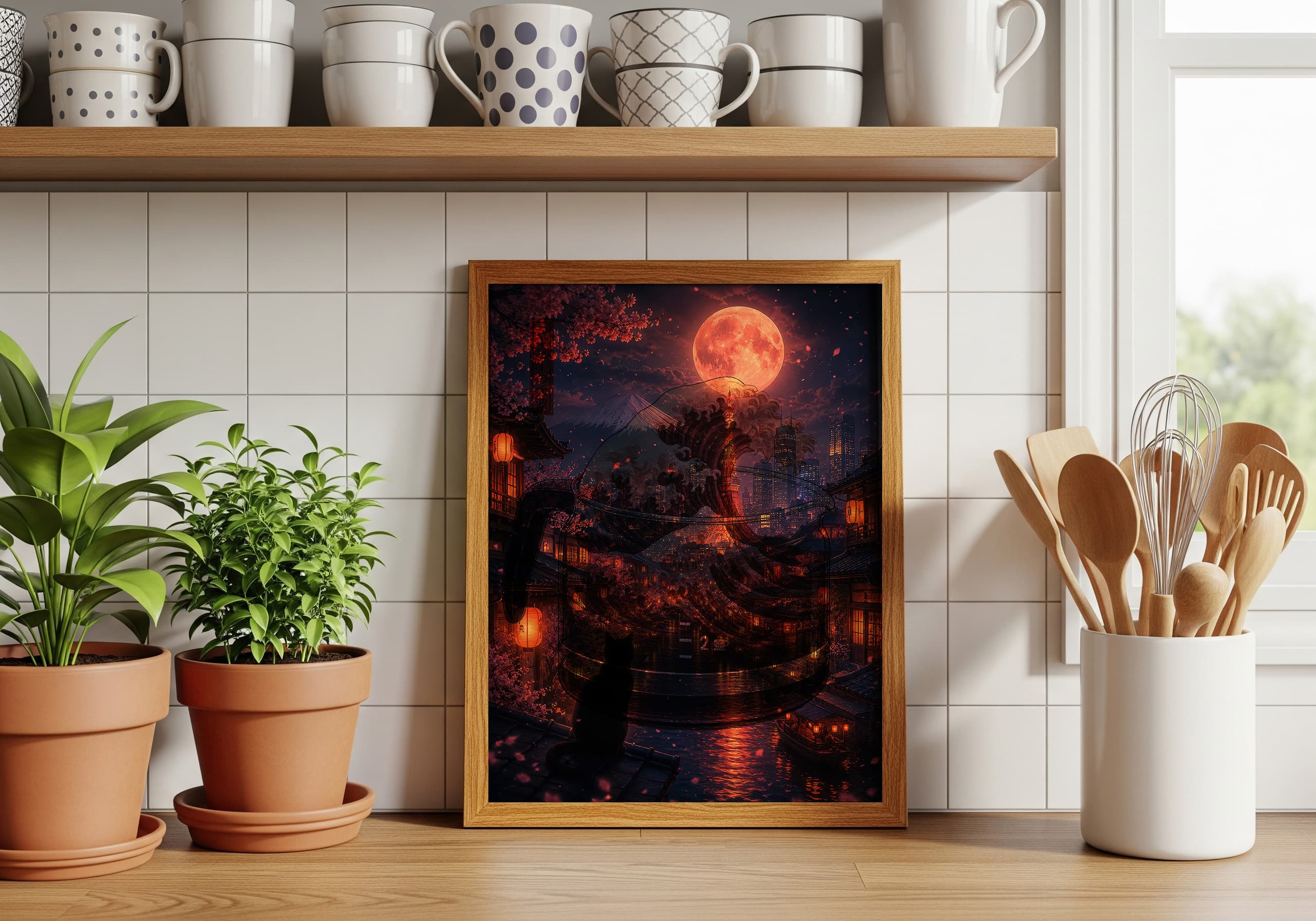 Black Cat Cherry Blossom Print