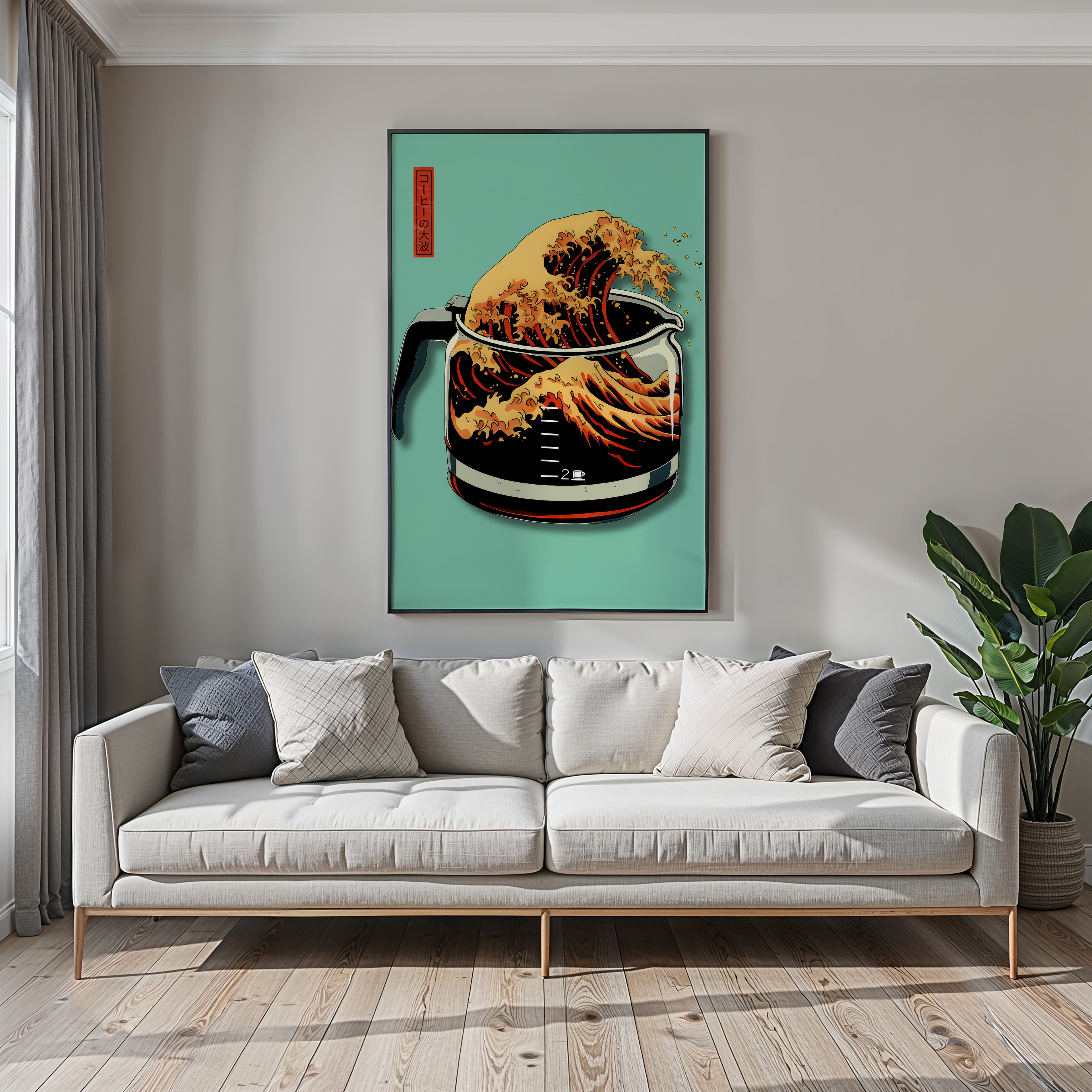 Mint Green Coffee Poster – Hokusai Wave Japanese Art