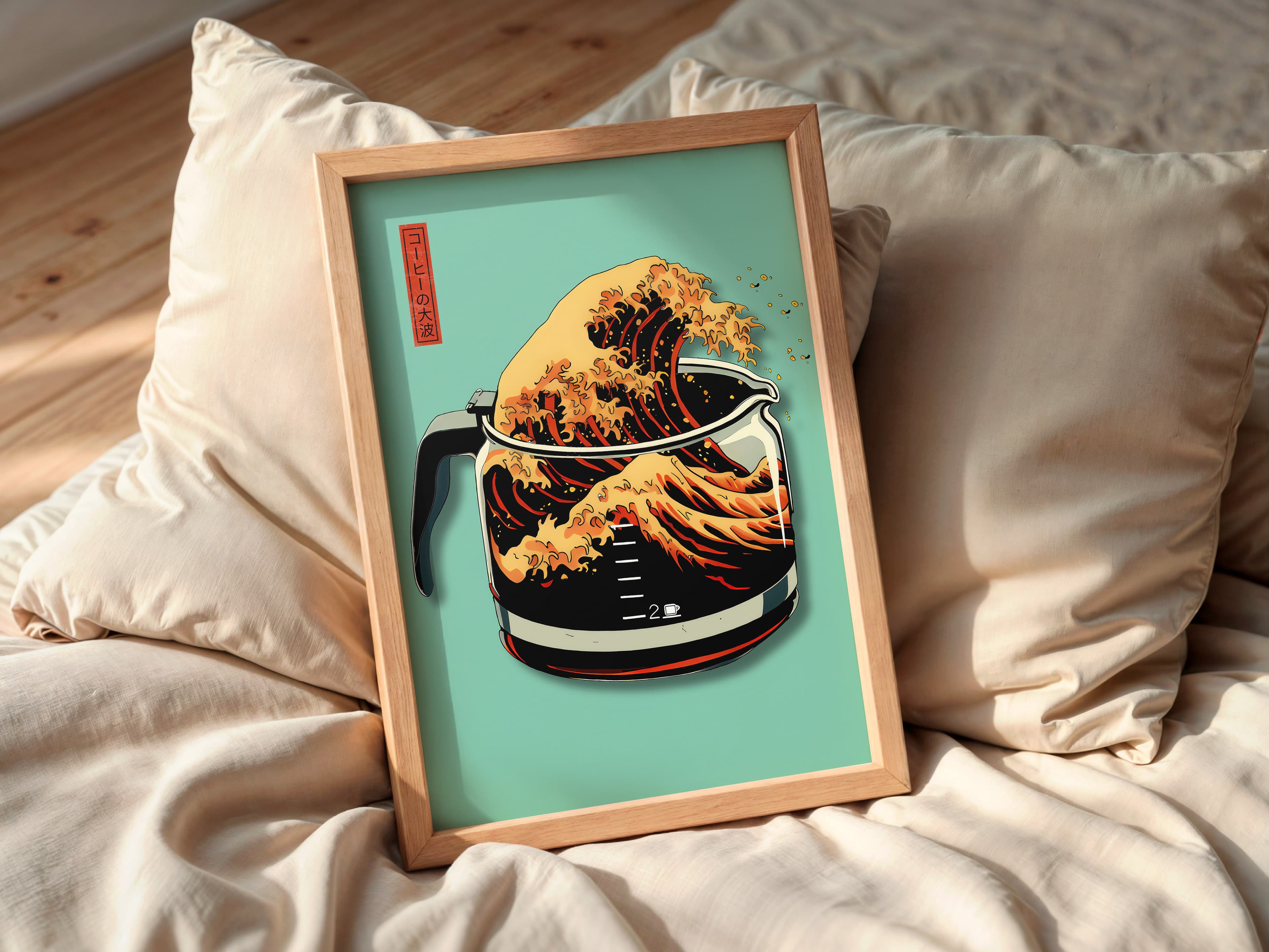 Mint Green Coffee Poster – Hokusai Wave Japanese Art