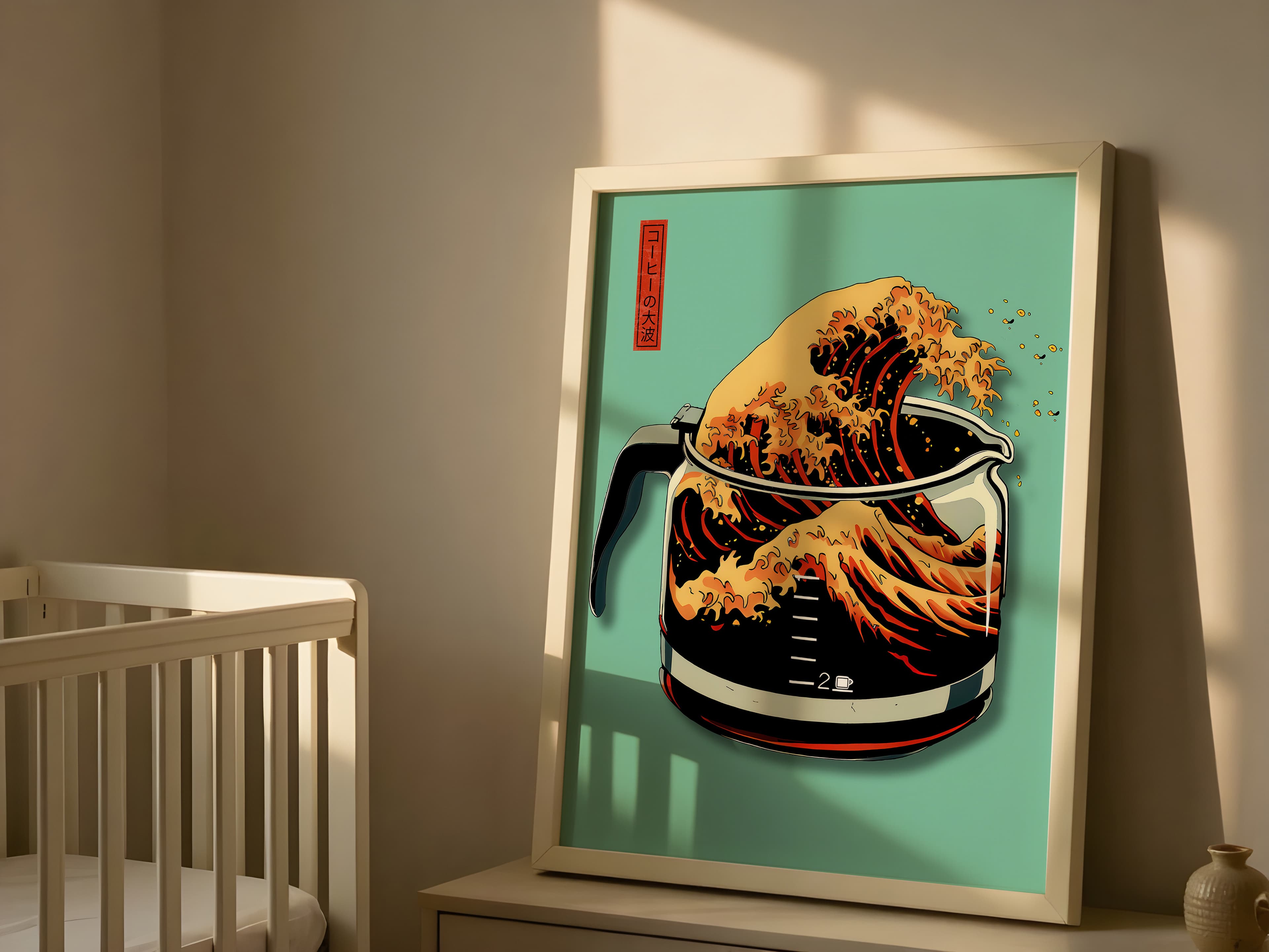 Mint Green Coffee Poster – Hokusai Wave Japanese Art