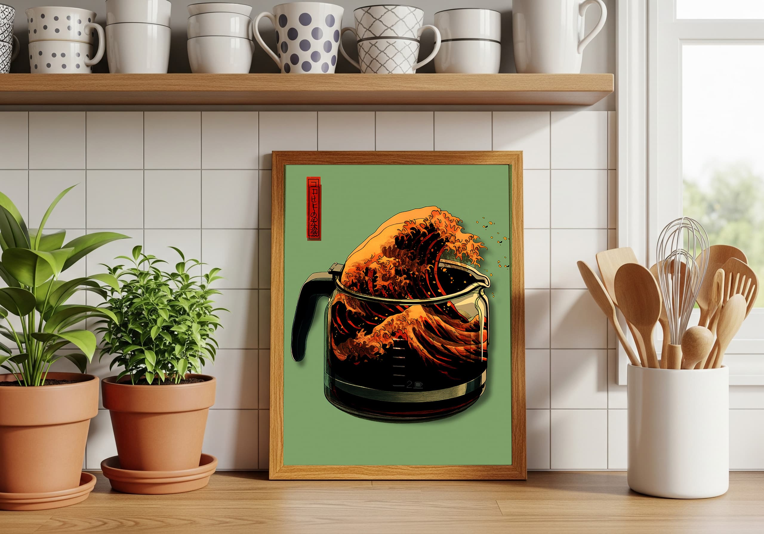 Mint Green Coffee Poster – Hokusai Wave Japanese Art