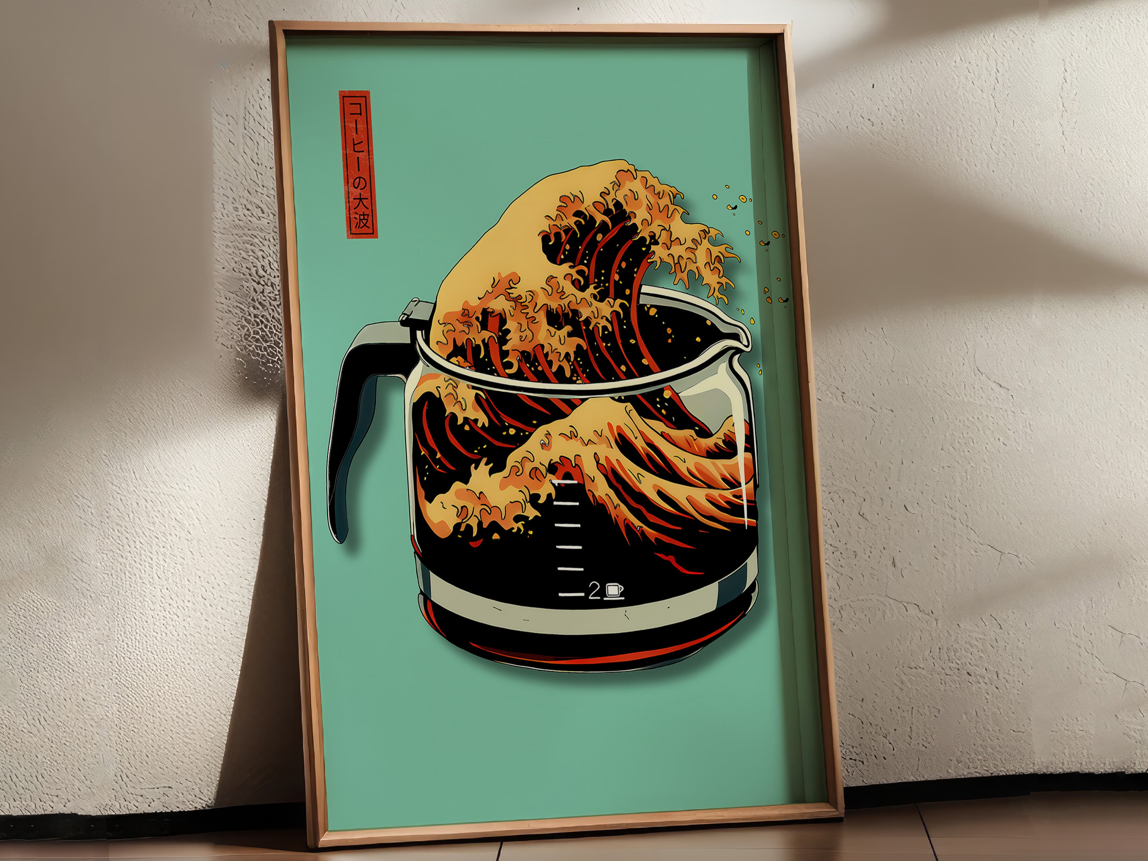 Mint Green Coffee Poster – Hokusai Wave Japanese Art